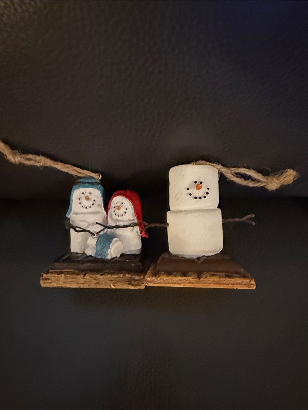 Handcrafted Snowman Holiday Ornament Set - Red & Blue Hats.  Original S’mores.